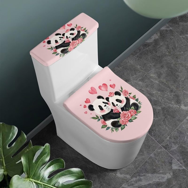 CREAMIC Panda Rose Heart Toilet Seat Covers for Bathroom Decoration Toilet Bolt Covers Decorative Round Elongated Tank Lid Cover Washable Lid Seat Protector Cover with Elastic Bottom - Image 2